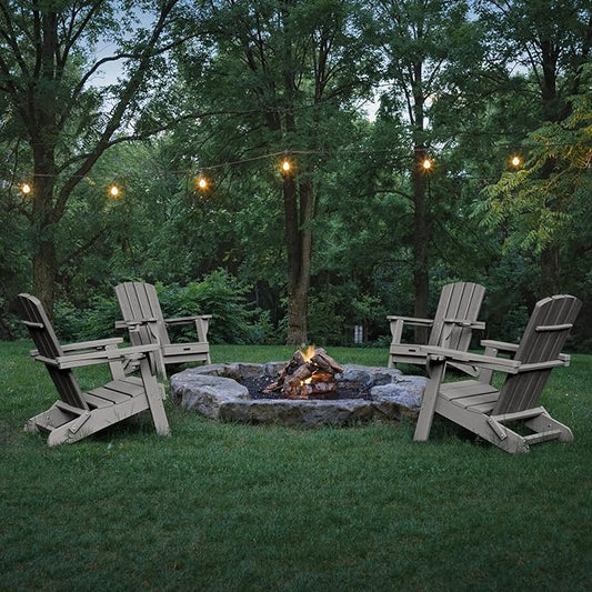 Folding Adirondack Chair, HDPE All-Weather Fire Pit Chairs, Plastic Adirondack Chairs with 2 Cup Holder, Outdoor Lawn Chair for Patio Garden (Grey)