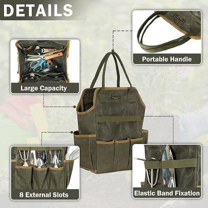 Tool Bag, Heavy Duty 16oz Waxed Canvas Garden Tool Tote - with 3 Inner Slots & 8 Outer Pockets, Multi-Purpose Gardening Tool Storage Bag for Gardener Florist Workshop - Army Green