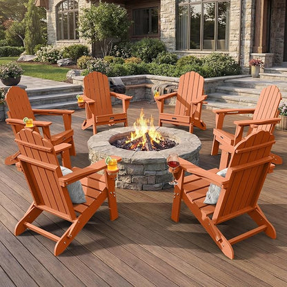 Adirondack Chairs Set of 6, Fire Pit Chairs, Wood Texture Patio Chairs with 2 Cup Holder, Outdoor Lawn Chair, Orange