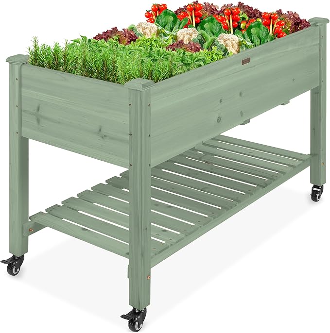 Best Choice Products Raised Garden Bed 48x24x32-inch Mobile Elevated Wood Planter w/Lockable Wheels, Storage Shelf, Protective Liner - Sage