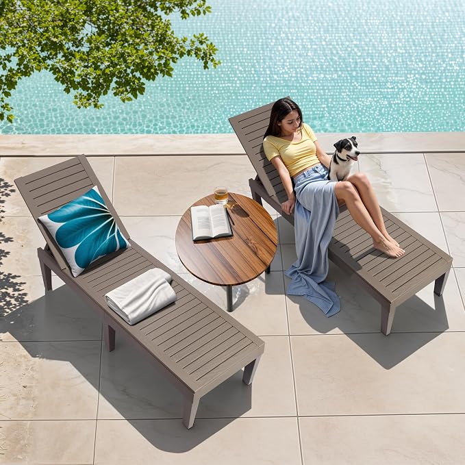 Outdoor Lounge Chairs Set of 4, 5-Position Adjustable Tanning Chairs with Wood Grain, All-Weather Resin Patio Recliners for Pool, Garden, Deck, Beach, Patio Lounge Chairs, Texture Grey