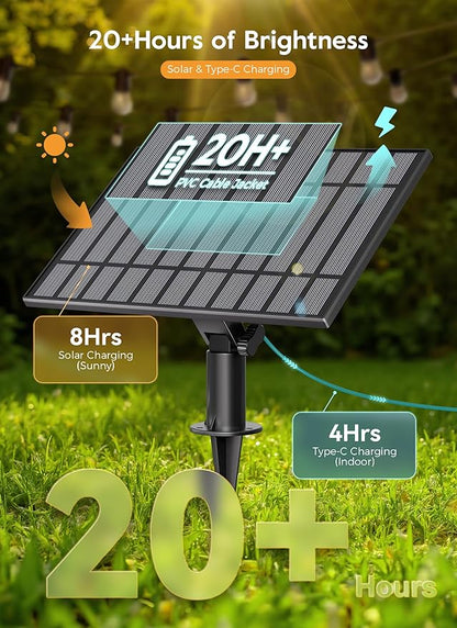 Minetom 202FT Solar String Lights Outdoor Waterproof, 65 LED S14 Shatterproof Bulb, Patio Lights with Remote Type-C Port Timable, 3 Light Modes Dimmable Solar String Lights for Outside, Yard, Camping