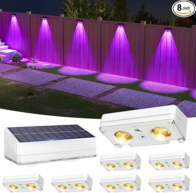 VOLISUN Solar Fence Lights Outdoor 8 Pack, 10 Colors ＆ Color Changing Fence Lights Solar Powered, IP65 Waterproof Solar Lights for Fence, Garden, Patio, Backyard, Railing, Deck, Wall, Pool（White）