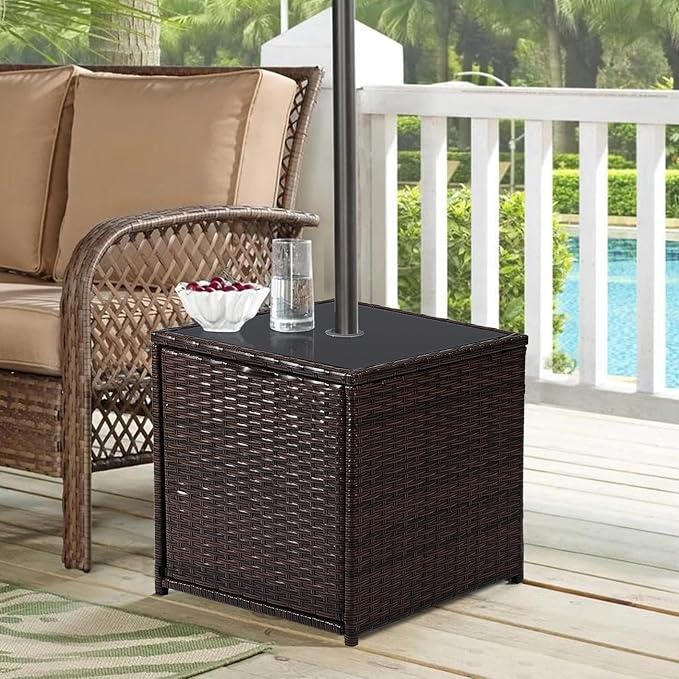 SUNNYPARK Outdoor Umbrella Side Table with 2 Weight Bags, 2-in-1 Patio Table with Umbrella Hole, All-Weather Handwoven PE Rattan Umbrella Base Stand for Deck Yard Garden Balcony Poolside