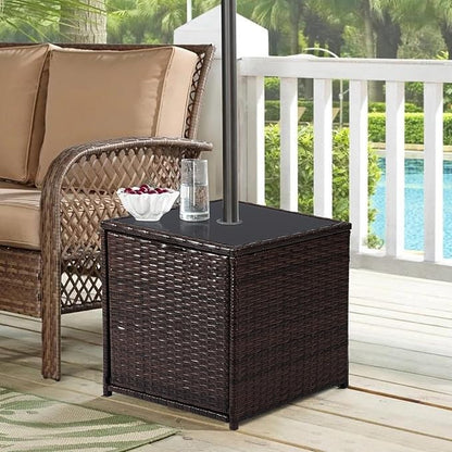 SUNNYPARK Outdoor Umbrella Side Table with 2 Weight Bags, 2-in-1 Patio Table with Umbrella Hole, All-Weather Handwoven PE Rattan Umbrella Base Stand for Deck Yard Garden Balcony Poolside