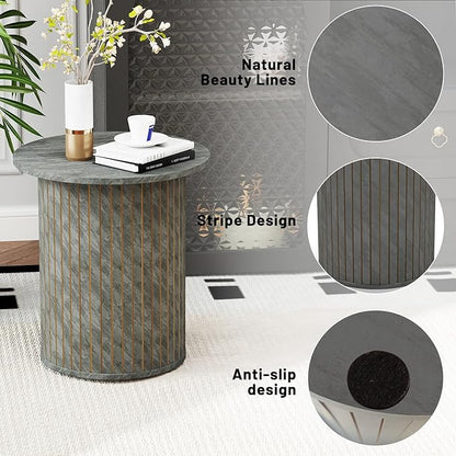 Round Fluted End Table - Small Accent Pedestal Side Table, Circle Fluted Wood Nightstands Bedside Table for Living Room, Bedroom, Handcrafted Finish, Grey