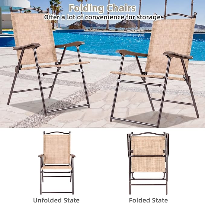 Tangkula Set of 2 Patio Folding Dining Chairs, Outdoor Sling Lawn Chairs with Armrests, Steel Frame, Portable Camping Lounge Chairs for Backyard, Deck, Poolside and Garden, No Assembly (1, Beige)