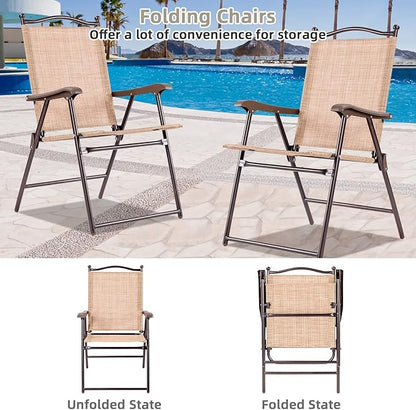 Tangkula Set of 2 Patio Folding Dining Chairs, Outdoor Sling Lawn Chairs with Armrests, Steel Frame, Portable Camping Lounge Chairs for Backyard, Deck, Poolside and Garden, No Assembly (1, Beige)