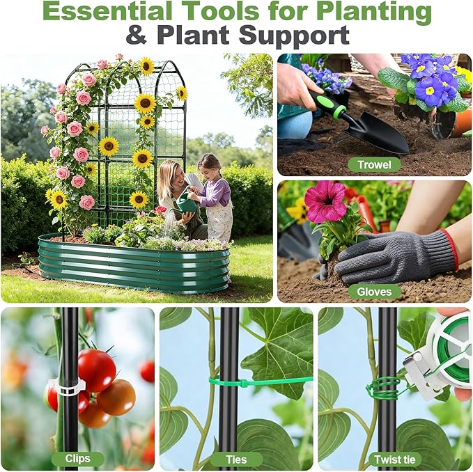 Raised Garden Bed with Arched Trellis, Galvanized Raised Garden Bed with Netting Plant Ties Gloves Trowel, Metal Planter Box Outdoor Drainage Design for Gardening Climbing Plant Vegetable Flower Fruit