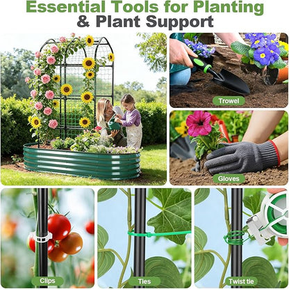 Raised Garden Bed with Arched Trellis, Galvanized Raised Garden Bed with Netting Plant Ties Gloves Trowel, Metal Planter Box Outdoor Drainage Design for Gardening Climbing Plant Vegetable Flower Fruit