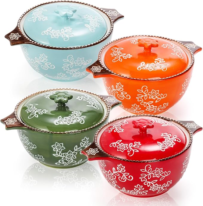 AVLA 4 Pack Ceramic Soup Bowls with Lid and Double Handles, 22 OZ French Onion Soup Crock, Small Casserole Dish for Oven, Mini Cocotte Set Baking Ramekins for Stews, Cereal, Oatmeal or Pasta