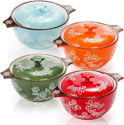 AVLA 4 Pack Ceramic Soup Bowls with Lid and Double Handles, 22 OZ French Onion Soup Crock, Small Casserole Dish for Oven, Mini Cocotte Set Baking Ramekins for Stews, Cereal, Oatmeal or Pasta