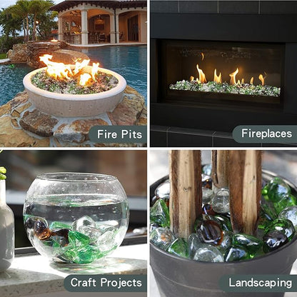 Mr. Fireglass 10 Pounds Blended Diamond Fire Glass, 1 Inch High Luster Reflective Fire Pit Glass Rocks for Fireplace Fire Pit & Lanscaping, Emerald Green, Crystal Ice, Amber
