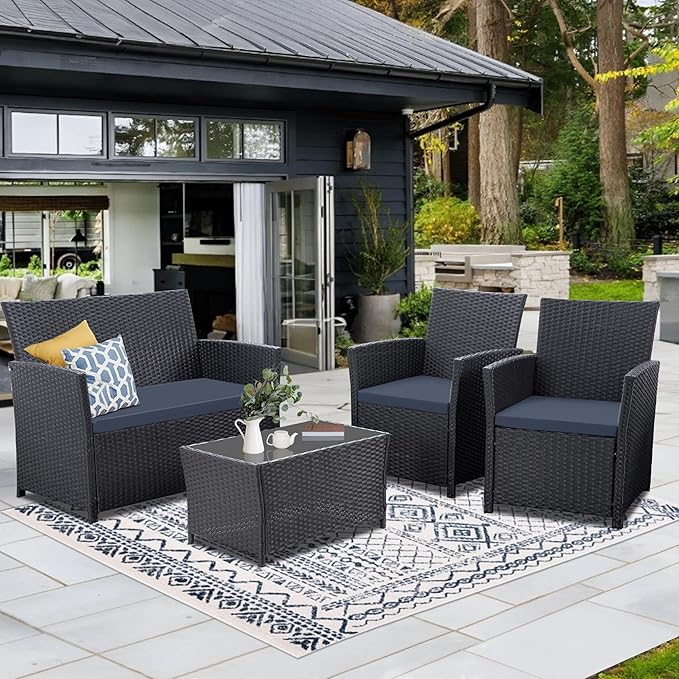 4 Piece Patio Furniture Set, Outdoor Wicker Conversation Set, Rattan Sectional Sofa Couch with Glass Coffee Table & Thick Cushion for Backyard, Porch, Garden, Poolside, Black/Blue