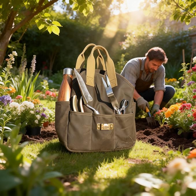 Tourbon Waxed Canvas Garden Tool Bag Gardening Tools Storage Tote with 5 Interior and 6 Exterior Pockets Multi-Functional Organizer for Gardener Florist Workshop