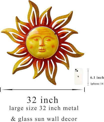 Large Size 32Inch Metal Sun Outdoor Valentine Wall Art Decor Large, Hanging for r Patio Garden Fence Yard Pool Wall Sculpture Decoration for Living Room