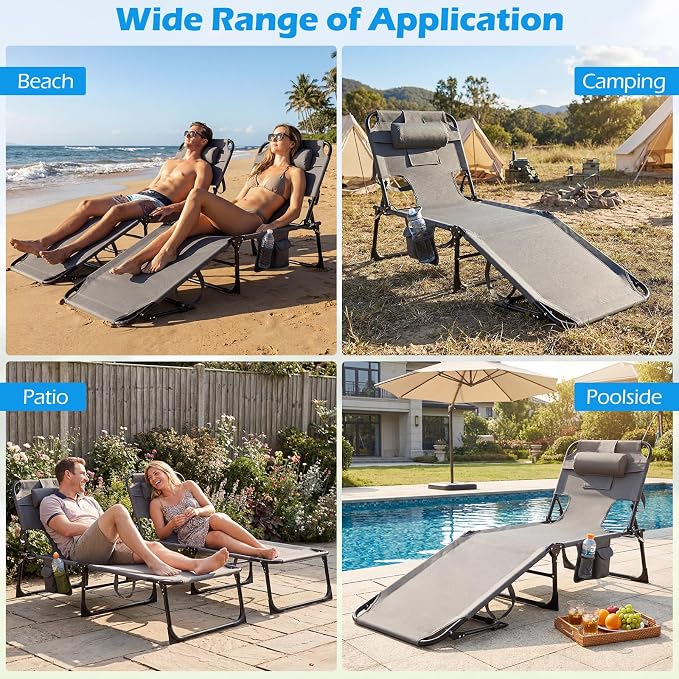 GYMAX Tanning Chair with Face Hole, Sun Bathing Lounge Chairs for Outside with Side Pocket, Folding Portable Face Down Layout Tanning Chair Beach, Backyard, Poolside, Lawn (Grey,2)
