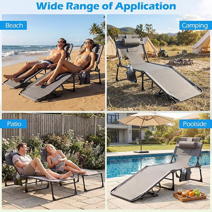 GYMAX Tanning Chair with Face Hole, Sun Bathing Lounge Chairs for Outside with Side Pocket, Folding Portable Face Down Layout Tanning Chair Beach, Backyard, Poolside, Lawn (Grey,2)