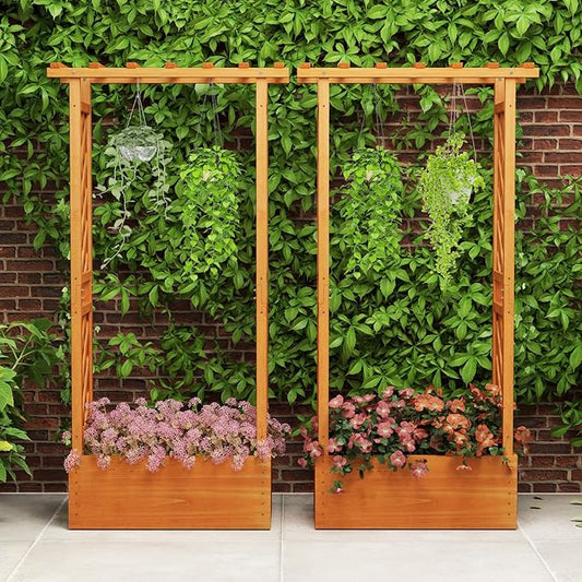 Giantex Set of 2 Raised Garden Bed with 2-Sided Trellis & Hanging Roof, Fir Wood Planter Box w/Drainage Holes, Bottom Gaps, Freestanding Garden Planter for Flowers Herbs Climbing Vines (31"x12.5"x60")