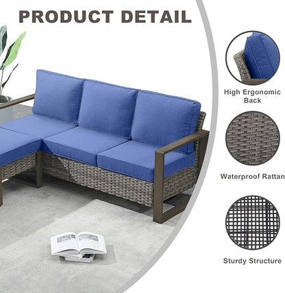 Rilyson Outdoor Wicker Patio Furniture Set - 5 Piece Patio Conversation Set with 2 Wicker Swivel Rocker Chairs,2 Rattan Ottoman and 1 Couch,Thick Cushions,Deep Seating,Wide Armrest(Mixed Grey/Blue)