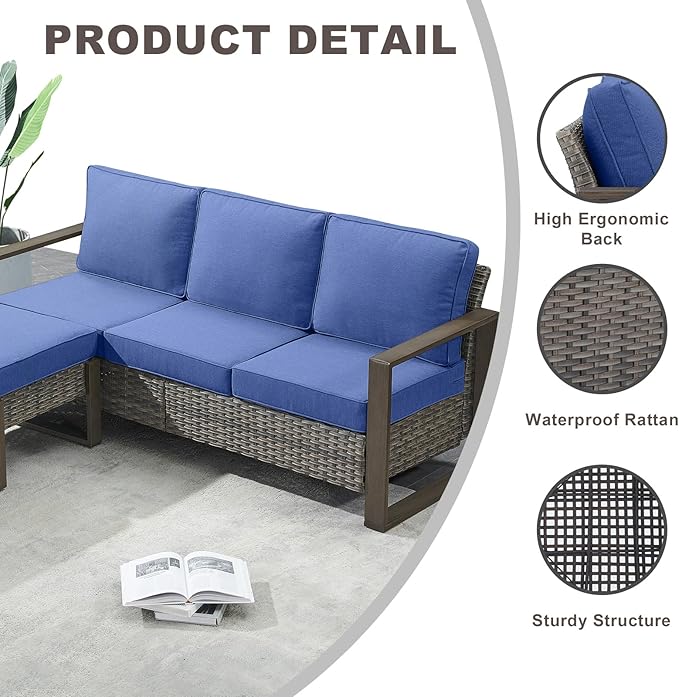 Outdoor Wicker Patio Furniture Set - 6 Piece Patio Conversation Set with 2 Wicker Armrest Chairs,2 Rattan Ottoman,1 Side Table and 1 Couch,Sturdy Frame,Thick Cushions,Deep Seating(Mixed Grey/Blue)