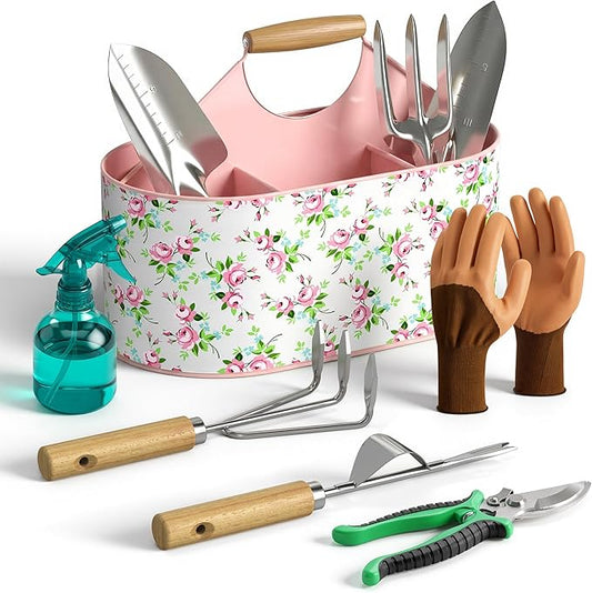 9-Piece Garden Tool Set, Heavy-Duty Rust-Resistant Stainless Steel Tools, Gardening Kit with Metal Garden Caddy, Ideal for Home Garden & Gifting (Pink)