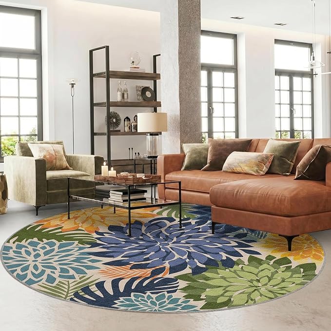 Colorful 6x6 Outdoor Area Rug Washable Multicolored Patio Rug Tropical Botanical Floral Chenille Waterproof Outdoor Carpet for Living Room, Deck, Backyard, Porch, Green