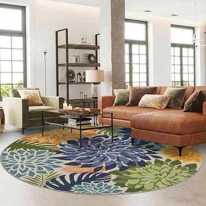 Colorful 6x6 Outdoor Area Rug Washable Multicolored Patio Rug Tropical Botanical Floral Chenille Waterproof Outdoor Carpet for Living Room, Deck, Backyard, Porch, Green
