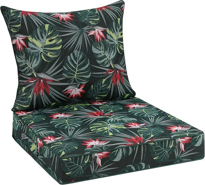 Favoyard Outdoor Seat Cushion 22 x 22 x 3 in Waterproof Pattern Fade Resistant Cover Removable Patio Furniture Cushions Deep Seat & Back Cushion Set with Adjustable Straps for Patio Chair Sofa Couch