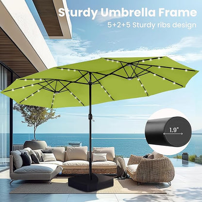 PHI VILLA 15 ft Umbrella Outdoor Patio Solar Lights with Base, Outdoor Double-Sided Large Market Rectangle Umbrellas with 36 LED Lights, Lime Green