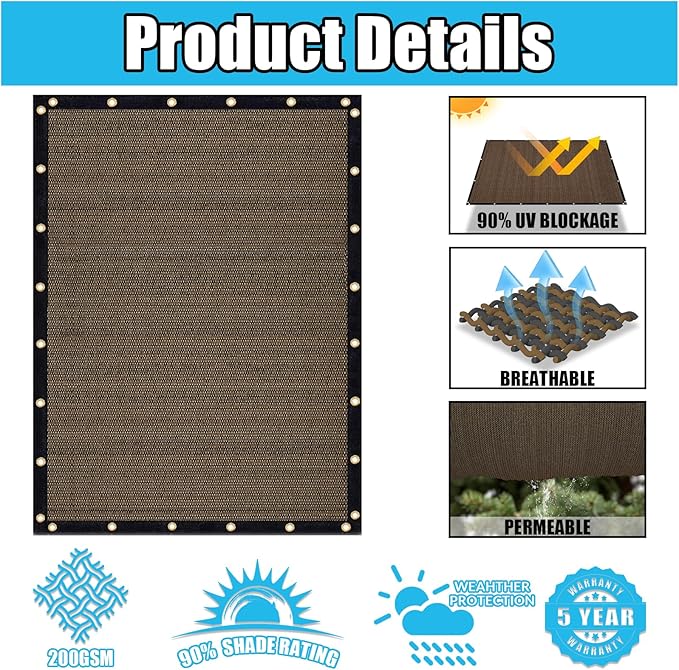 Amagenix 90% Shade Fabric 18'X 24' Mocha Sun Shade Cloth with Grommets for Pergola Replacement Shade Cover Canopy, Heavy Duty, Cable Zip Ties Included (We Customized)