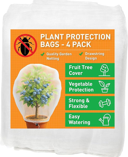 Fruit Tree Protection Bags 4x4.5 FT in 4 Pack | Multiple Size Garden Netting for Fruit & Vegetable Protection | White Plant Net Cover for Blueberry & Tomato | Bird & Insect Mesh Fabric Protector
