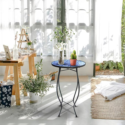 Arbuxzuy 2PCS 12 Inch Small Outdoor Side Table with Blue-White Mosaic, Glass Mosaic Patio Table Indoor, Round Plant Coffee Table for Living Room, Balcony, Garden