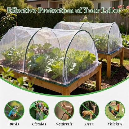 Garden Netting Kit for Raised Beds, 10x30FT Plant Cover Ultra Fine Mesh Netting & 6 Sets Fiberglass Garden Hoops & 18 Clip, Vegetable Plants Fruits Row Cover Birds Animals Barrier Protection Net