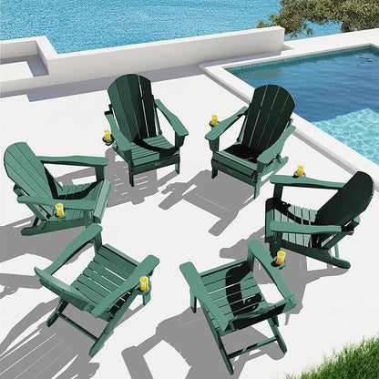 SERWALL Folding Adirondack Chair Outdoor Adirondack Chairs with Cup Holder Weather Resistant Patio Chair Weather Resistant for Patio Deck Garden, Backyard Deck, Fire Pit - Green