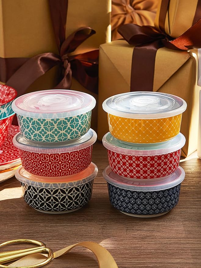 DOWAN Ramekins with Lids 4 oz Oven Safe for Creme Brulee Souffle, Ceramic Custard Cups for Baking, Small Bowls for Pudding Dip Ice Cream, Set of 6, Vibrant Colors