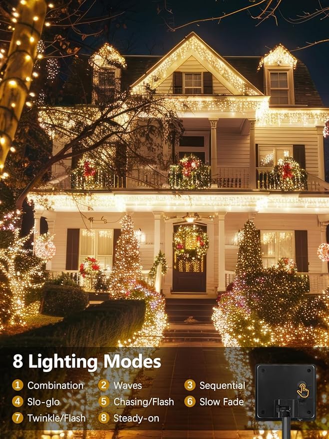4 Pack Solar Christmas Lights Outdoor Waterproof, 132FT 400LED Solar String Lights Green Wire Fairy Lights, Solar Twinkle Lights with 8 Lighting Modes for Xmas Garden Decorations (Warm White)