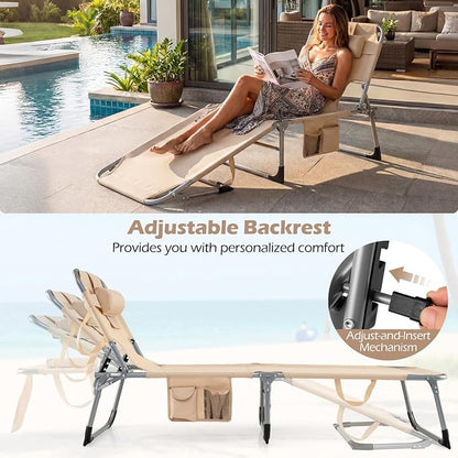 GYMAX Tanning Chair with Face Hole, Sun Bathing Lounge Chairs for Outside with Side Pocket, Folding Portable Face Down Layout Tanning Chair Beach, Backyard, Poolside, Lawn (Sand,2)