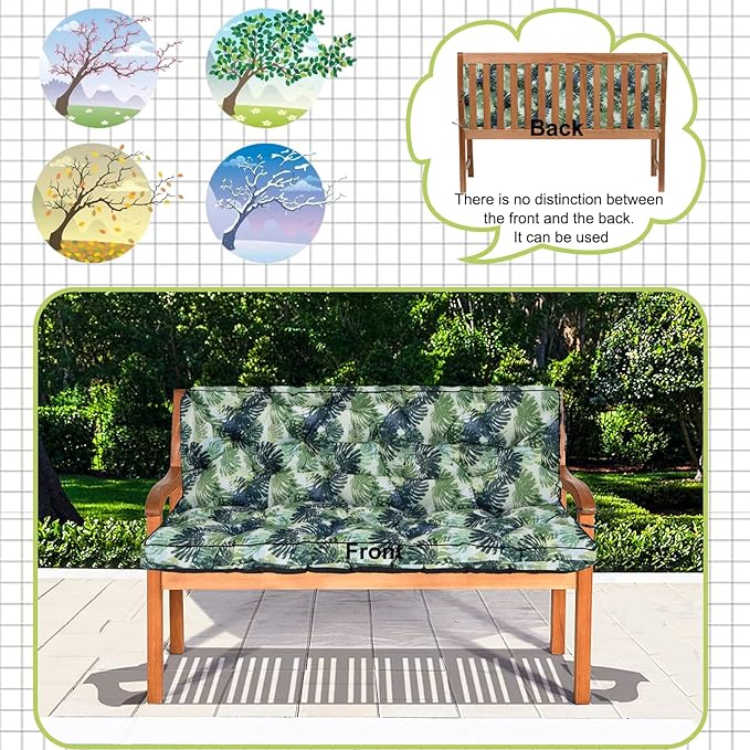 Swing Replacement Cushions with Backrest, 2 or 3 Seater Waterproof Non-Slip Overstuffed Swing Pad, Indoor/Outdoor Bench Cushion for Porch Chair Swing Garden Furniture (Leaves, 40 * 70.8 in)
