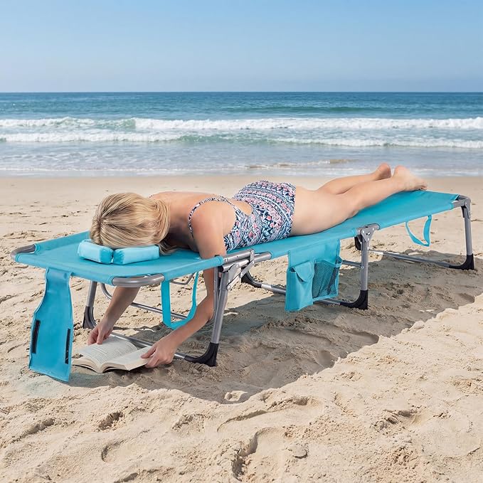 COSTWAY Tanning Chair with Face Hole, Folding Beach Lounge Chair | 4-Position Adjustable Backrest, Pillow & Side Pocket for Sunbathing, Camping (Turquoise)