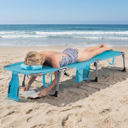 COSTWAY Tanning Chair with Face Hole, Folding Beach Lounge Chair | 4-Position Adjustable Backrest, Pillow & Side Pocket for Sunbathing, Camping (Turquoise)