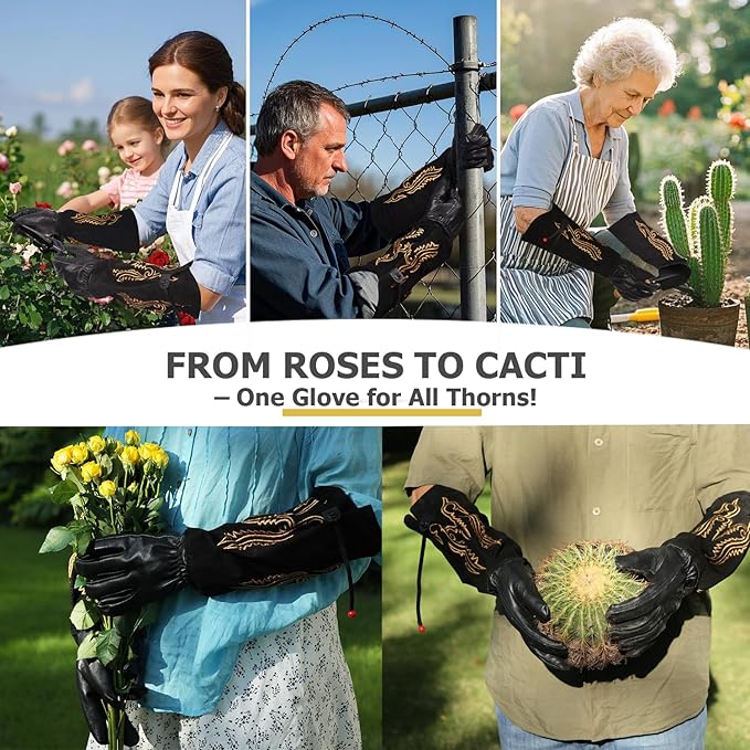 Long Leather Thorn Proof Gardening Gloves for Women/Men, Great for Rose Pruning, Cactus Handling, Weeding, Heavy Duty Gauntlet, Garden Gifts for Gardener (Western Style, Small)