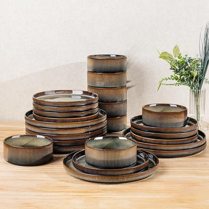 TheTerra Ceramic Dinnerware Sets for 8, 24 Pieces Porcelain Lightweight Plates and Bowls Sets, Scratch Resistant Dish Set, Oven & Microwave & Dishwasher Safe, Brown