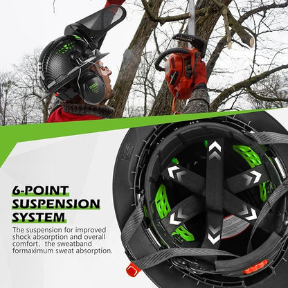 GREEN DEVIL Industrial Chainsaw Helmet with Face Shield Built in Visor and Ear Muffs 4 in 1 System ANSI Z89.1 Safety Hard Hat Adjustable Headgear Ideal for Forestry and Arborist Work Full Brim Style