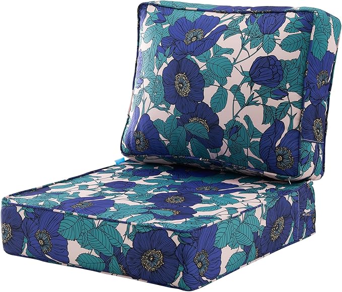 ARTPLAN 24x24 Deep Seat Patio Cushions for Outdoor Furniture,Extra 6 inch Thick,Back 18"x24",Removable,Replacement,Polyester Floral Pattern,Outdoor/Indoor,Blue Flowers