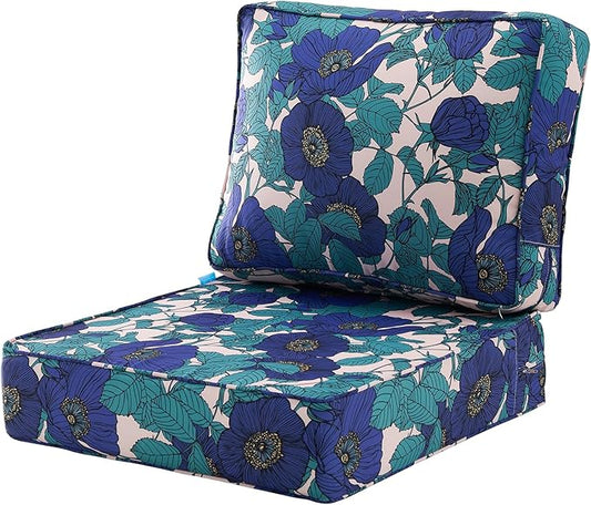 ARTPLAN 24x24 Deep Seat Patio Cushions for Outdoor Furniture,Extra 6 inch Thick,Back 18"x24",Removable,Replacement,Polyester Floral Pattern,Outdoor/Indoor,Blue Flowers