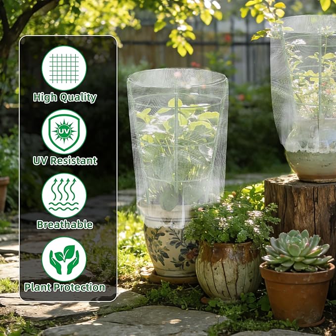 4 Pcs Garden Bird Netting for Small Round Plant Cage, 23" H x 8" W Tomato Cage Mesh Plant Cover with Drawstring, Small Plants Trelli Pest Barrier Garden Protection Net for Pots Plants Vegetables