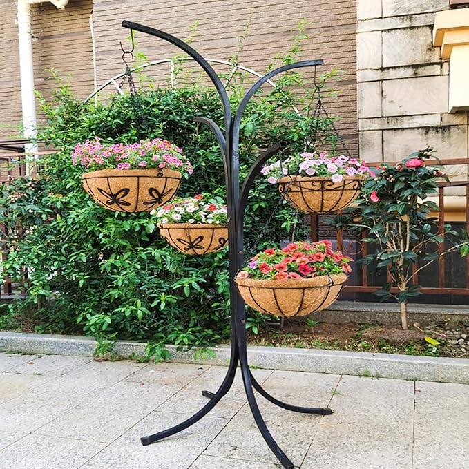 12 inch Metal Hanging Baskets For Plants Outdoor 4 Pack Round Metal Wire Hanging Basket Planter with Coco Fiber Liners Chain Round Wire Plant Holder for Garden, Patio, Deck, Porch Plants Flower Potss