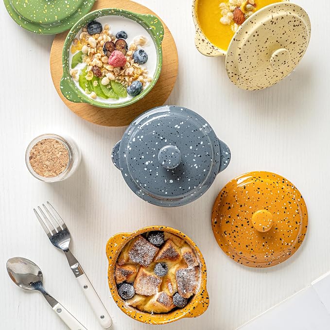 Individual Serving Pot Set of 4-10 Oz Ceramic Mini Cocotte with Handles & Lids - Great for Souffle, Soup, Cobbler, Stoneware Baking Ramekins, Oven Compatible,Gray