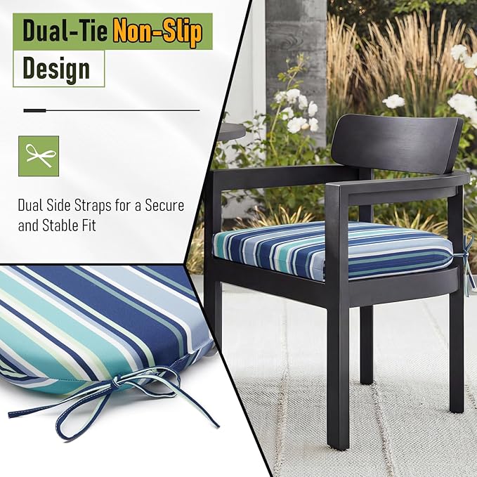 Basic Beyond Outdoor Chair Cushions Set of 4, Outdoor Cushions for Patio Furniture, Water Resistant Patio Chair Cushions with 2 Ties, 17x16x2, Pinstriped Blue